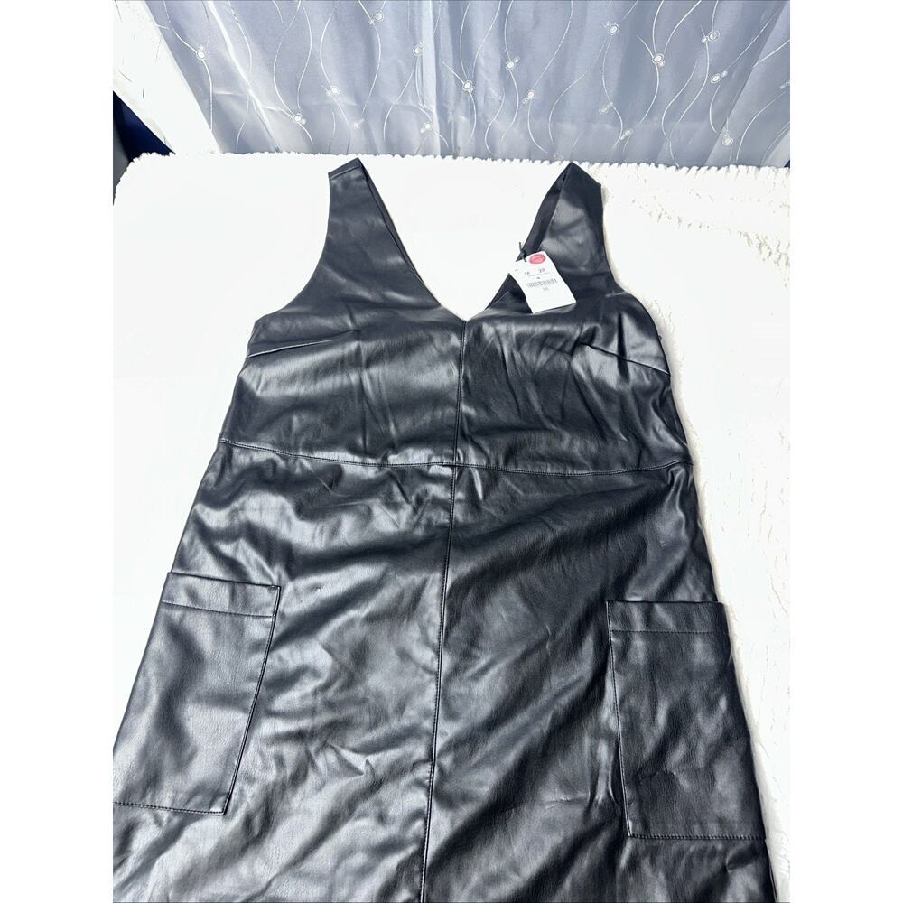 Lefties Black Faux Leather Sleeveless V-Neck Short Sheath‎ Dress Size M